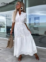 Party Dresses 2024 Style Dress Female White Hollow Embroidery Long Elegant Semi-turtleneck Short Sleeves Spring Summer Clothing