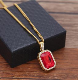 Mens Bling Faux Lab Mini Ruby Pendant Necklace 24quot Rope Cuban Chain Gold Plated Iced Out Sapphire Rock Rap Hip Hop Jewellery Gi6582322