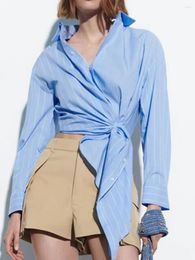 Women's Blouses Striped Patchwork Shirts For Women Long Sleeve Lapel Collar Irregular Hem Classic Blue 2024 Casual Fashion Blouse