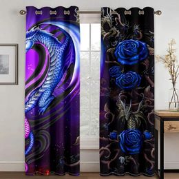 Curtain Black 3D Rose Blue Magic Mediaeval Fantasy Dragon 2 Pieces Thin Window Curtains For Living Room Bedroom Drape Decor