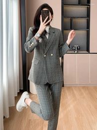 Women's Two Piece Pants Fashion Plaid Women Blazer Pant Suit Double Breasted Coffee Green Office Formal Female Slim Fit Jacket And Trousers