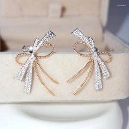 Stud Earrings S925 Sterling Silver Bowknot Two Tone Zircon Ear Studs Fashion Jewellery Gift For Women