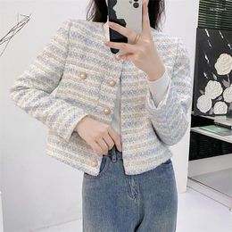 Women's Jackets Light Blue Small Fragrance Striped Coat Autumn Tweed Round Neck Gentle Casual Basic Pearl Button Sweet Short