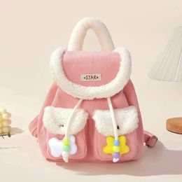 School Bags Brand Designer Corduroy And Plush Patchwork Women's Backpack Retro Beading Drawstring Small Bucket Bag Travel