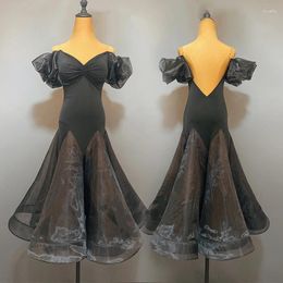 Stage Wear Off-Shoulder Ballroom Dance Dress Puff Sleeve Tango Performance Costume Prom Waltz Clothes Practice DL10497