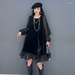 Casual Dresses Stylish Mesh Spliced See Through Velvet Dress For Women Spring Autumn Pullovers Ruffle Patchwork Black Mini