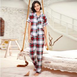 Women's Sleepwear Home Clothes Stitched Plaid Summer Cardigan Lapel Short Sleeve Top Trousers Comfortable Pajamas Women