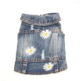 Dog Apparel Pet Cat Jeans Jacket 3 Flower Embroidery Print Blue Denim Coat Vest Puppy Clothes 6 Sizes