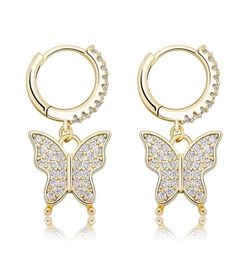 Bling Zircon Butterfly Earrings Luxury Fashion Women 18K Gold Rhodium Plated Hip Hop Earrings Girls Designer Drop Earrings2888172