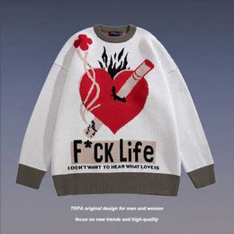 TKPA American High Street Joker Jacquard Knitted Couple Top Hip Hop Oversize Sweater for Men and Women