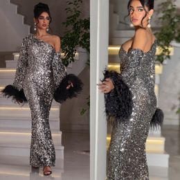 Sequin Sheath Evening Dresses Feather One-Shoulder Ankle Length Long Sleeve Column Formal Prom Gowns