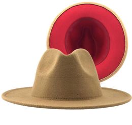 Trend Tan with Red Patchwork Plain Wool Felt Jazz Fedora Hats Men Women Wide Brim Panama Trilby Cowboy Cap for Party Q08055473659