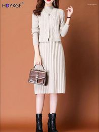 Work Dresses Vintage Knitted Dress Two Piece Set Classy Outfit For Woman Cropped Vest Cardigan Half Turtleneck Slim Bottoming Sweater