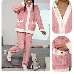Women's Sleepwear Strawberry Women Pyjamas Set Winter Fleece Velvet 2 Piece Pant Home Suit Fluffy Button Cute Warm NightWear