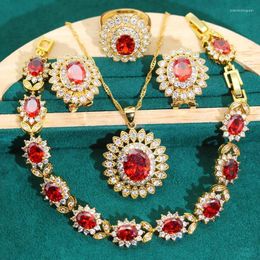 Necklace Earrings Set Gold-Color Red Cubic Zirconia For Women Wedding Dubai Luxurious Bracelet Ring Accessories