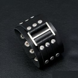Bangle Wide Rivet Leather Bangle Cuff Mtilayer Wrap Button Adjustable Bracelet Wristand For Men Women Fashion Jewellery Drop Delivery J Dhlu8