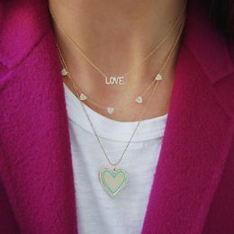 Valentines gift Heart pendant necklace with pink enamel polished heart charm long chain Customise engrave name tag necklaces312d