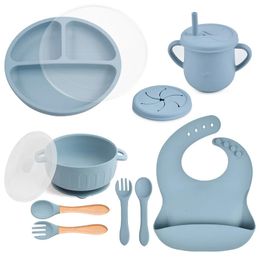 10pcs/Set Baby Children's Tableware Waterproof Bib Feeidng Solid Colour Food Plates Sucker Dishes Spoon Fork Leakproof Sippy Cup 240102