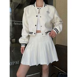 Women's Suits & Blazers p Family's Autumn/winter Letter Printed Short Baseball Jacket Design+high Waisted Pleated Half Skirt to Reduce Age Set