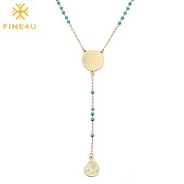 FINE4U N314 Stainless Steel Muslim Arabic Printed Pendant Necklace Blue Colour Beads Rosary Necklace Long Chain Jewelry279K