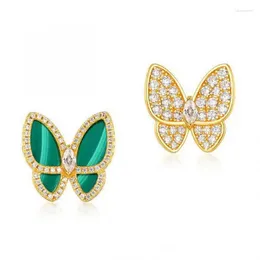 Stud Earrings Women Butterfly Earring S925 Sterling Silver 10k Gold Plated Zircon Malachite Crystal Stone Bowknot Asymmetrical