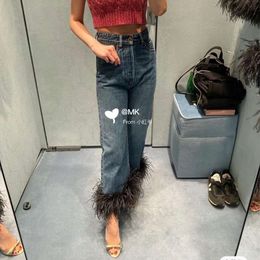 Basic & Casual Dresses Mm Family Autumn/winter Feather Splicing Jeans for Women's Fashion Versatile Straight Leg Pants Simple Minimalist