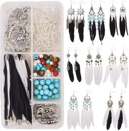 Polish 8 Pairs Bohemia Black White Long Feathers Dangle Hook Earring Making Kit with Instruction Jewellery Findings Making Crafts