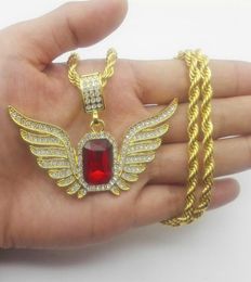 Discount Hip Hop Angel Wings With Big Red Stone Unique Pendant Designs Necklace Men Women Iced Out Druzy Jewelry1121521