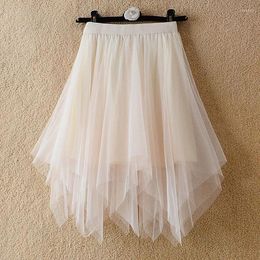 Skirts OHRYIYIE Irregular Mini Tulle Skirt Women Spring Summer Short Elastic High Waist A-Line Female Beige Party Mesh Lady