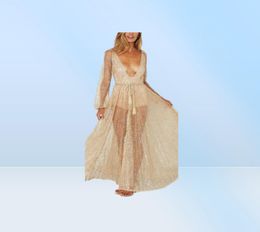 Gold Net Yarn Rhinestones Women Summer Long Maxi CoverUps Beach Dresses V Neck Sequins Mesh Sundress Bathing suit Swimwear4786774