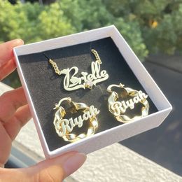 3UMeter Heart Zircon Custom Name Jewelry Set for Girls Women 30mm Twist Hoop Earrings Cute Personality Nameplate Necklace Gift 240102