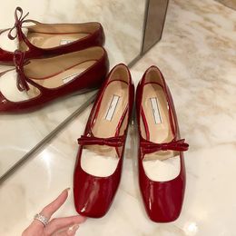 Luxury Bowtie Mary Janes Women Square Toe Shiny Leather Silk Flats Ballets Femmes Red Dance Party Ball Bridal Wedding Shoes 231229