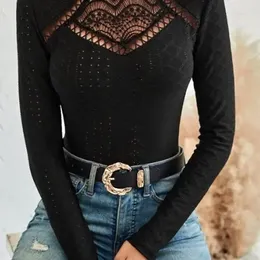 Women's T Shirts Clothing Solid Colour Lace Eyelet Embroidery Hollow-out Crochet Top Spliced Slim Autumn Fashion