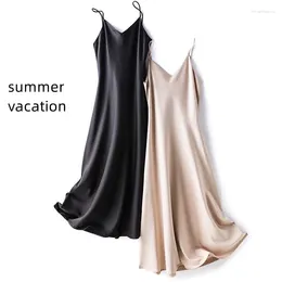 Casual Dresses High-end Triacetate Mulberry Silkworm Silk Slip Dress Women's Summer Fall Natural Empire Satin Floor Length Regular Pure