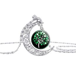 Anhänger Halsketten Mond Baum des Lebens Glas Cabochon Halskette Kette Zeit Edelstein Anhänger Halsketten Für Frauen Kinder Modeschmuck W Dhwcz