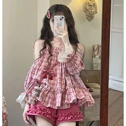 Women's Tracksuits Sweet Lolita Pink Short Sets Women Summer Plaid Sling Pleat Tops Design Sense High Waist RUFFLES Shorts Female