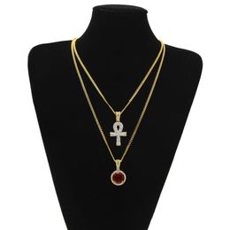 Egyptian large Ankh Key pendant necklaces Sets Round Ruby Sapphire with Rhinestones Cross Charms cuban link Chains For mens Hip Ho2901