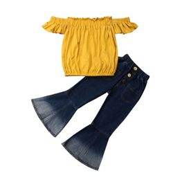 Sets New Arrivels Toddler Kid Baby Girl Off Shoulder Tops Denim Flared Pants Jeans Outfit 27T