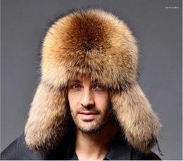 Berets Real Raccoon Hats Men's Trapper Fur&Lamb Leather Russian Cossack Winter 2024 Fur Lamb
