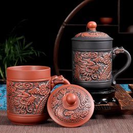 420ml Antique dragon and phoenix mugs Purple clay Tea Mug MugCoffee Puerh Mugs office Cup Drinkware 240102