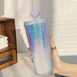 Water Bottles 2024 Gradient Diamond Bottle With Heart Shape Double-Layered Laser Straw High Capacity Plastic Fashionable