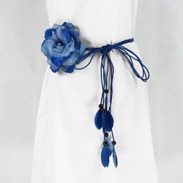 Belts Bohemian Chiffon Big Flower Braided Belt Women'S Hand-Knit Thin Waist Summer Long Tassel Braid Waistband For Dress