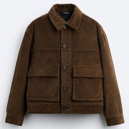 Men S Jackets Corduroy Pocket Cargo Jacket Autumn And Winter Brown Lapel Collar Cotton Coat Top Male