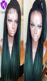 Afro America Ombre Yeşil Kutu Örgülü Peruk Doğal Saç Çizgisi İki Ton Renk Uzun Doğal Sentetik Dantel Ön Peruklar