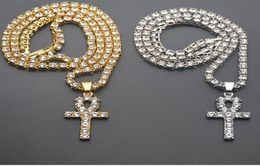 Mens Iced Out Egyptian Ankh Key Pendant Necklace 18K Gold Plated Hip Hop Rhinestones Crystal Tennis Chain Hip Hop Jewellery Necklace3071310