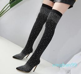thigh heels high sexy Drill Elastic Pointed crystal Stockings women over the knee Boots shoes