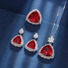 Necklace Earrings Set EYIKA Vintage Triangle Created Ruby Stone Big Pendant Ring Jewellery Luxury Zircon Wedding For Women