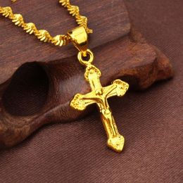 Classic Style Small Cross Pendant 18k Yellow Gold Filled Women Men Crucifix Pendant Chain210Q