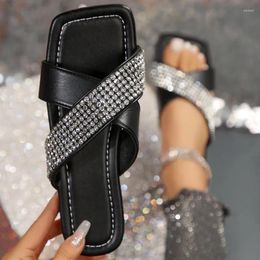 Slippers Women's Shoes On Sale 2024 Brand Summer Square Toe Solid Sequins Open Low-heeled Large Size Ladies