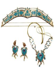 Earrings Necklace Women Jasmine Royal Crown Headband Pendant Jewellery Set Teal Dress Up Princess Adults Kids Costume Kit4200606